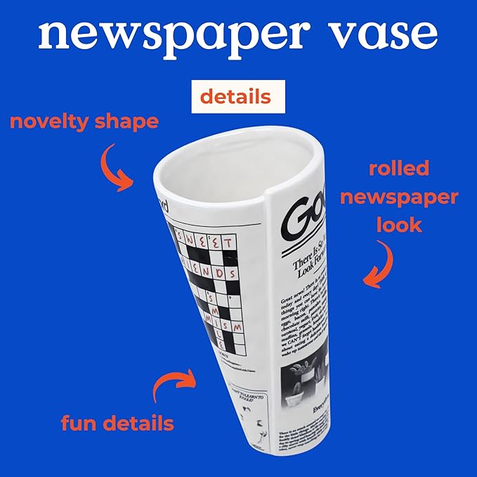 ban.do Vintage Inspired Newspaper Vase, Retro Ceramic Shelf Decor, Unique/Novelty/Eclectic Flower Vase, Newspaper