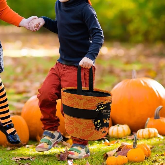 Personalized Halloween Trick or Treat Candy Bag with Name Custom Text Party Tote Bucket Halloween Candy Basket Gift (Bag-5)
