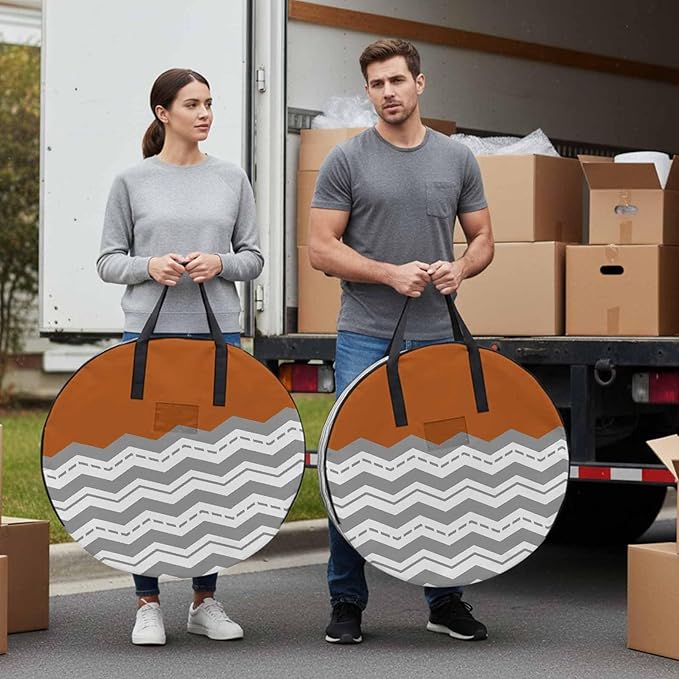 Storage Bag Burnt Orange Grey Waves Round Storage Totes Bins Closet Organizers with Zippers & Handle Chevron Stripe Clothes Storage Container for Bedroom Dorm Space Saving Packing Supplies Moving Bags