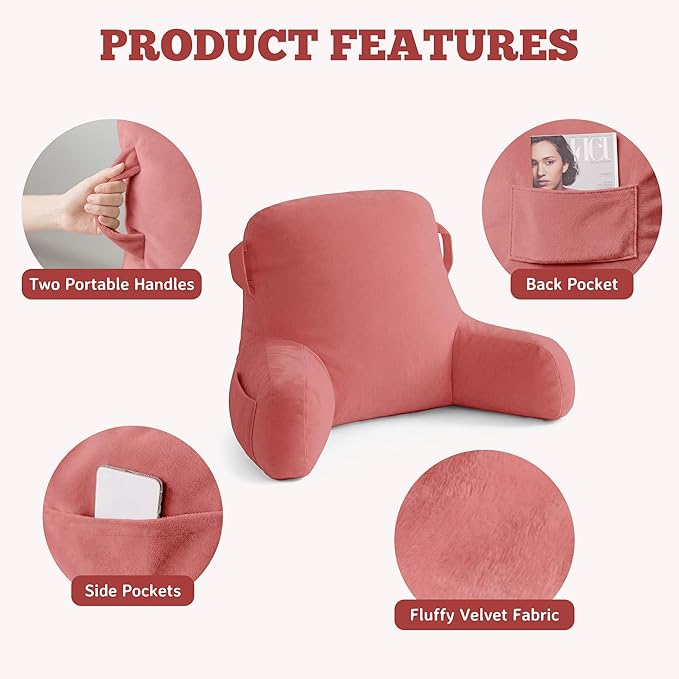 Unisakey Portable Comfy Reading Pillows for Bed Sitting Up(Dark Pink Oeko-Tex), Velvet Back Pillow with Arms & Pockets for Adults, Support Memory Foam Bed Pillow for Dorm/Reading/Watching/Gaming