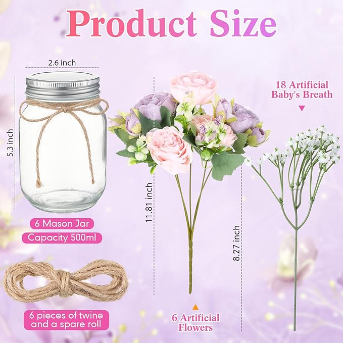 Zeyune Mason Jar Centerpiece Table Decorations, Artificial Peony Baby's Breath Flower Bouquets, Faux Flowers with Vase, Rustic Decor Gifts for Home, Wedding, Holiday (6 Sets,Purple,Pink)