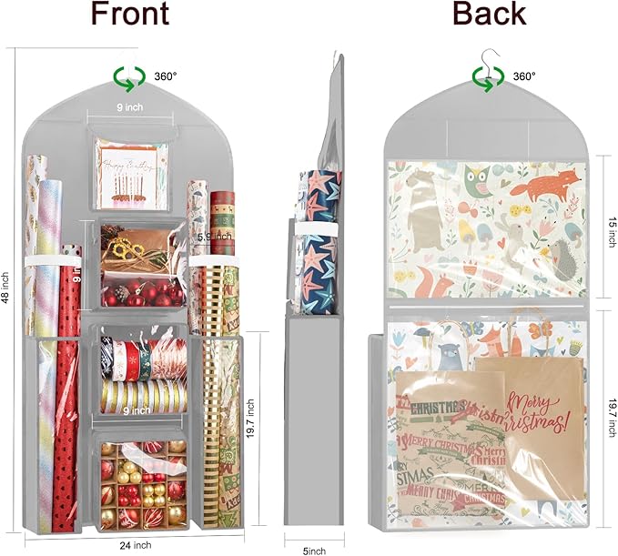 Woodoulogy Hanging Gift Wrapping Paper Storage, 48x24 (Extra Large) Grey Double-Sided Christmas Wrapper Bag Container, Oxford Long Craft Roll Organizer, Present Wrap Holder for Closet, Door