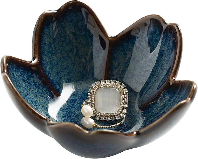 Flower Ring Holder Dish, Ceramic Jewelry Tray Dish, Small Trinket Dish, Jewelry Plate Bowl, Cute Jewlery Ring Holder Dish, Aesthetic Room Decor, Christmas Birthday Gifts for Women, 1 pack (blue)