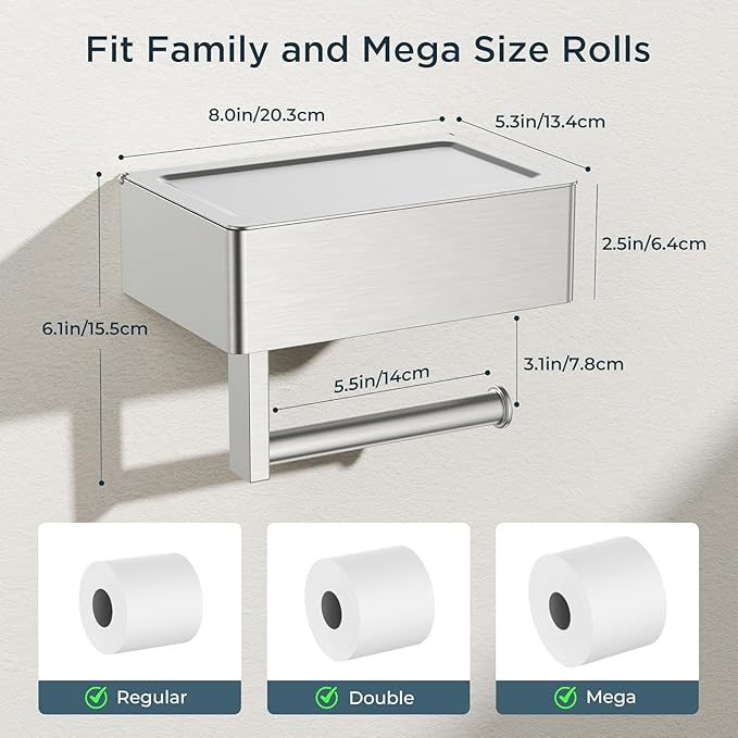 FORIOUS Toilet Paper Holder with Shelf, Sanitary Napkin Receptacle Tampon Holder, Wall Mount Toilet Paper Holder with Storage, Flushable Wipes Dispenser Fits for Bathroom Commercial(Brushed Nickel)