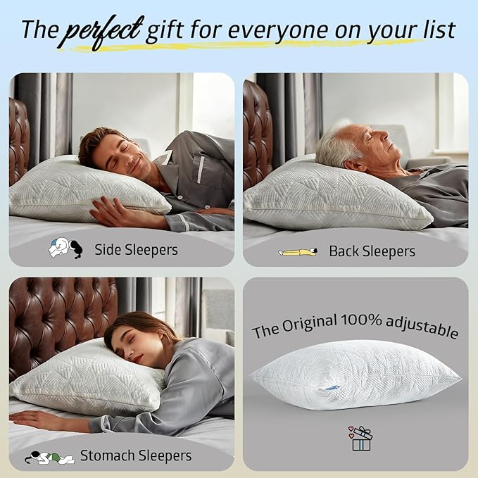 BETU Cooling Pillows Standard Size Set of 2, Shredded Memory Foam Standard Pillows Set of 2 for Hot Sleepers, Adjustable Firm Soft Support Pillow for Side, Back, Stomach Sleeping, White