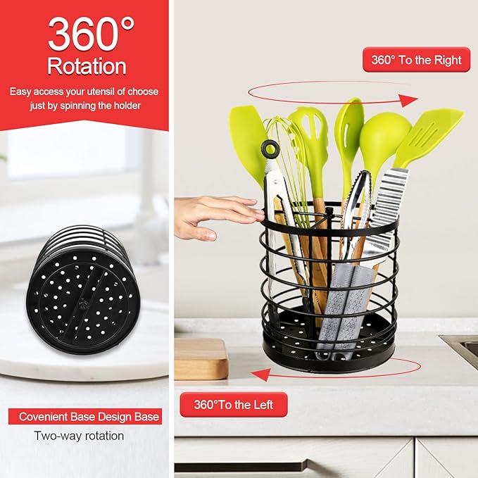 KOLUTI 360° Rotating Kitchen Utensil Holder Organizer, 7.2" x 7" Extra Large Cooking Tool Storage Round Caddy, Weighted Base with Drain Hole, Wire Metal Flatware Crock for Countertop, Paint Black