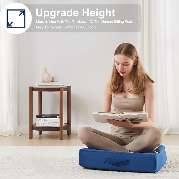 JKMAX 22 inches Floor Pillow for Adults - Large Meditation Cushion with Thick Foam & Soft Tufted Cover - Premium Outdoor Square Floor Cushion Seat - Yoga Pillows for Sitting On Floor - Navy Blue