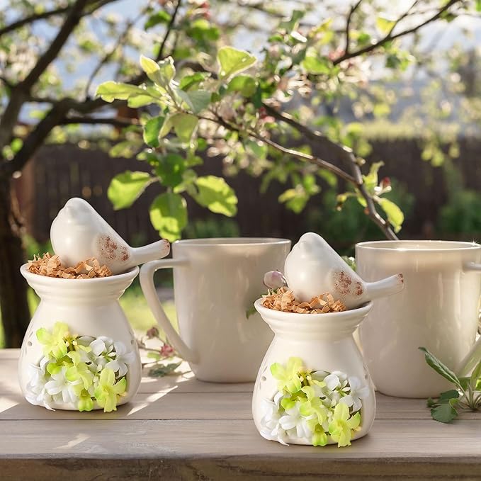 2 Set Birdhouse Ceramic Table Decor Ceramic Birds Figurines Centerpieces with Bird and Flower Ornament Rustic Farmhouse Spring Summer Decor for Shelf Mantel Desk Decoration Housewarming Gift