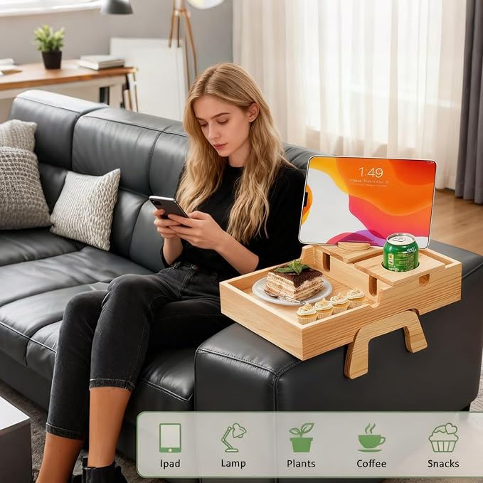 Couch Armrest Table, Sofa Arm Tray with Cup Holder w/360° Rotated Phone Holder, Pine Wood Sofa Arm Clip-On Side Table for Drink Snack Remote Holder