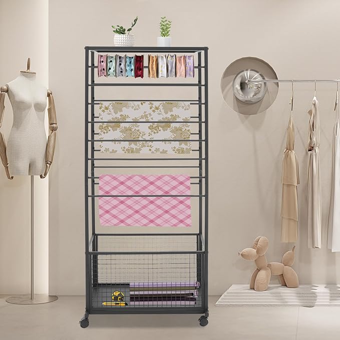 16 Tier Double-sided Ribbon Holder Organizer Rack 26.38 * 12.6 * 59.06in Multifunctional Flower Wrapping Paper Storage Stand Black for Flower Shops, Craft Rooms