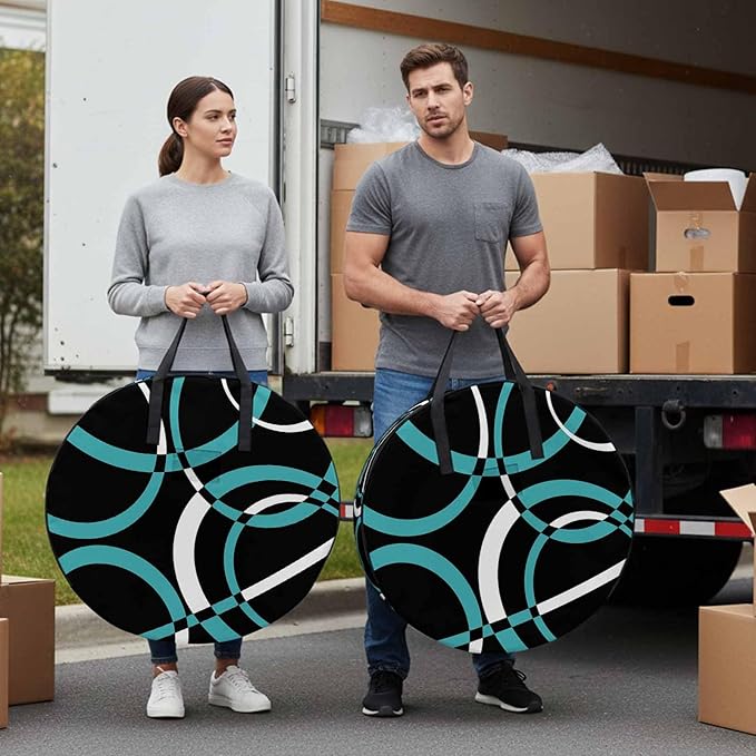 Storage Bag Turquoise Black Geometric Circle Round Storage Totes Bins Closet Organizers with Zippers & Handle Modern Abstract Lines Clothes Storage Container for Bedroom Space Saving Packing Supplies