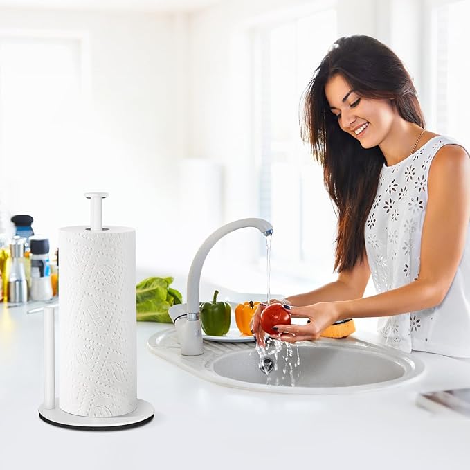 Paper Towel Holder Countertop, White Kitchen Roll Holder Stand for Kitchen and Bathroom Organization, Weighted Stainless Steel Paper Towel Holders for Standard and Large Rolls