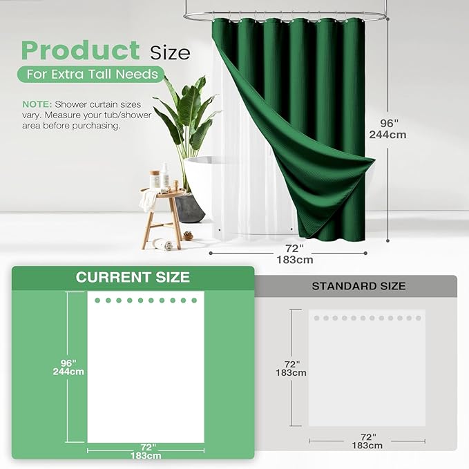 Dynamene Extra Long Shower Curtain and Liner Set - 96 inch Tall Waffle Fabric, Waterproof Clear Liner, Heavy Duty Weighted Hotel Luxury Shower Curtains for Bathroom with 12 Hooks, 72x96, Dark Green