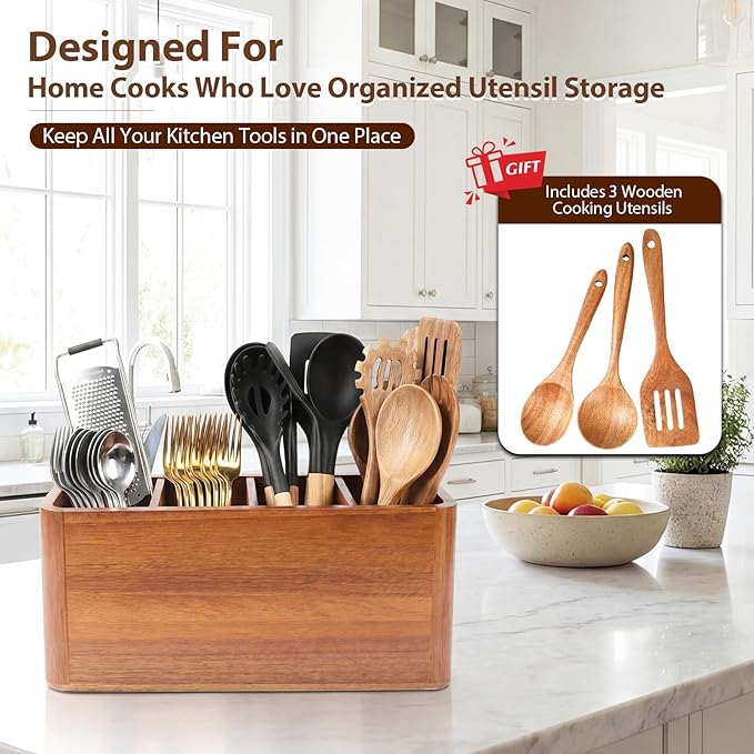 Kitchen Utensil Holder for Countertop, Extra Large Acacia Wood Utensil Organizer, 4-Compartment Storage for Cooking Utensils, Silverware and Cutlery