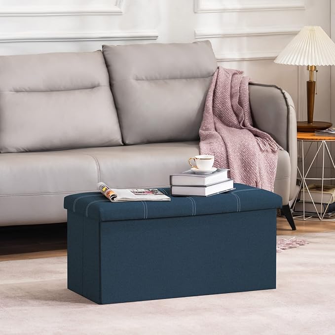 YOUDENOVA 30 Inches Folding Ottoman with Storage, Footrest Seat Support 350lbs, Bench for Living Room Bedroom, Linen Fabric Blue
