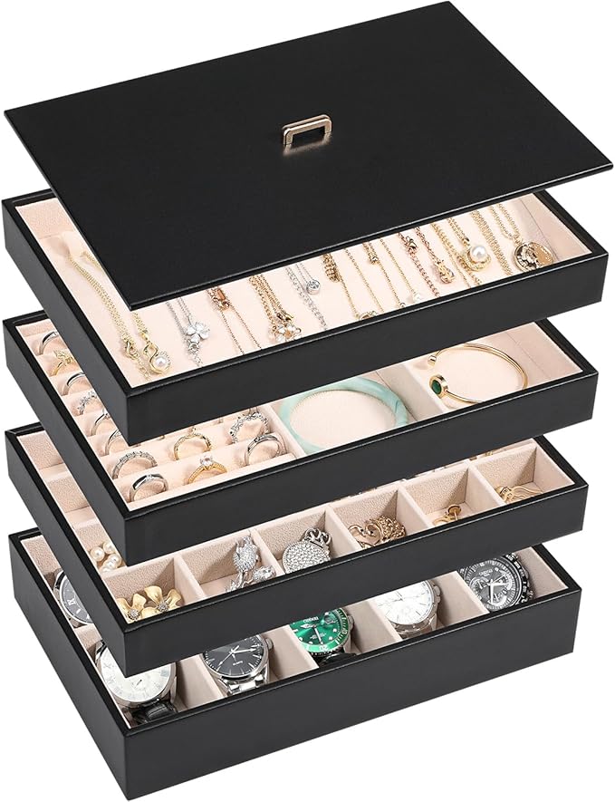 Voova Stackable Jewelry Organizer Tray with Lid, PU Leather Jewelry Storage Holder for Drawer Inserts, Jewellery Display Box Case for Earring Necklace Ring Watch Bracelet (Set of 4, Black)