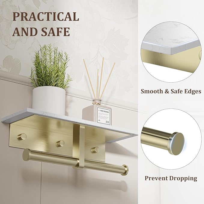 BWE Double Toilet Paper Holder with Shelf, Wall Mounted Tissue Roll Holder for Bathroom, Commercial Toilet Paper Dispenser, Marble Toilet Paper Storage Holder with Phone Shelf (Brushed Gold)