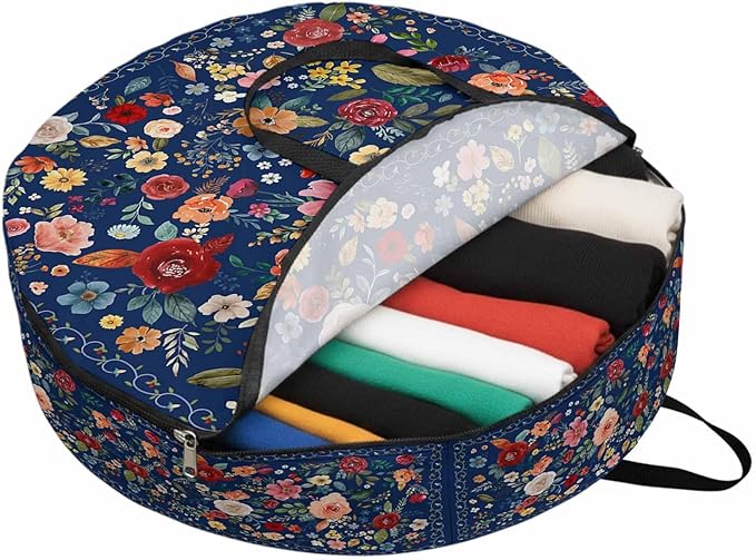 Storage Bag Navy Blue Floral Round Storage Totes Bins Closet Organizers with Zippers & Handle Farmhouse Vintage Flower Clothes Storage Container for Bedroom Dorm Space Saving Packing Supplies Bags