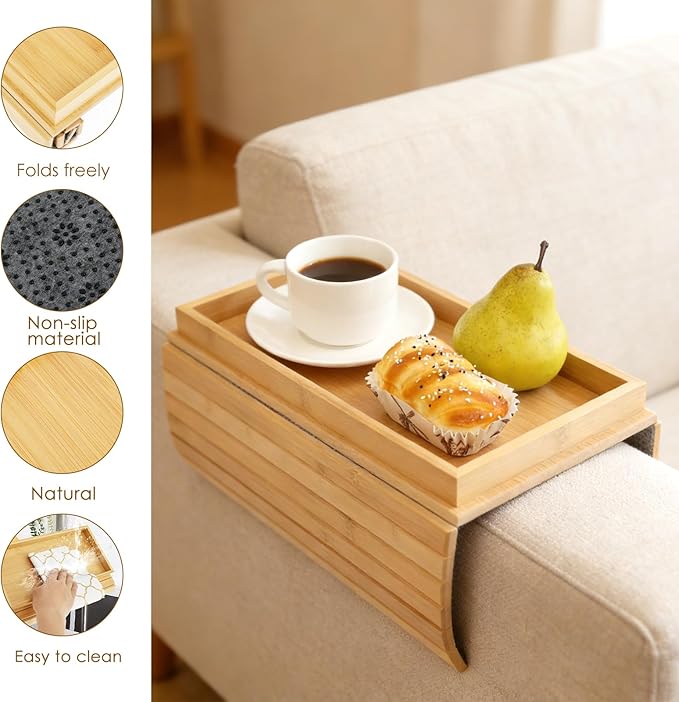Bamboo Sofa Arm Tray, Foldable Couch Armrest Table, Anti Falling Couch Arm Tray Table, Portable Sofa Armrest Trays Cup Holder for Drink, Cups, Phone, Snacks, Remote