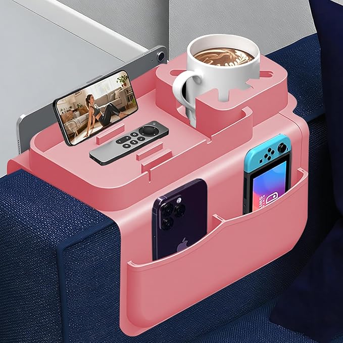 Silicone Couch Cup Holder Tray with Tablet & Phone Stand, Anti-Slip Sofa Arm Organizer with Dual Side Pockets for Remotes, Snacks, Headphones, Glasses, Drinks (Pink)