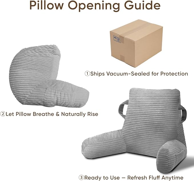 Reading Pillow for Sitting in Bed Adult, Bed Reading Pillow with Shredded Memory Foam, Back Pillow for Sitting with Arms and Pockets, LightGrey