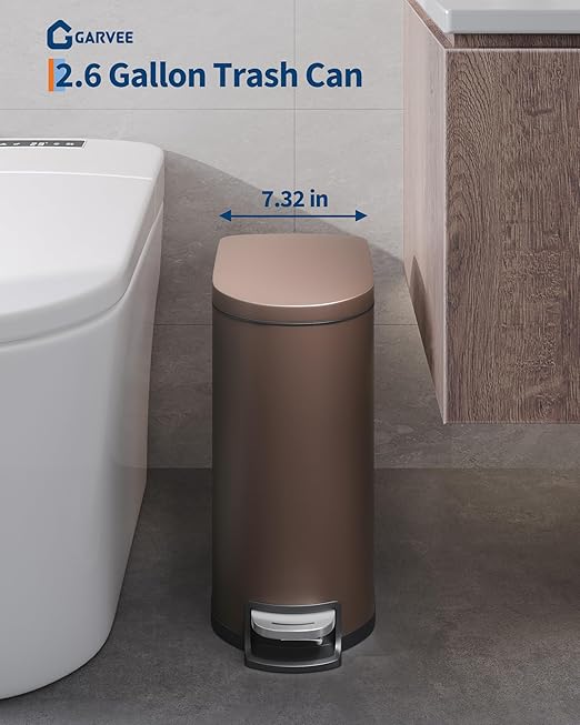 Garvee 2.6 gal / 10 L Metal Bathroom Trash Can with Lid, Slim Waterproof Garbage Can for Bedroom, Small Step-on Trash Bin with Inner Bucket, Rear Handle, Soft Close Lid, Brown