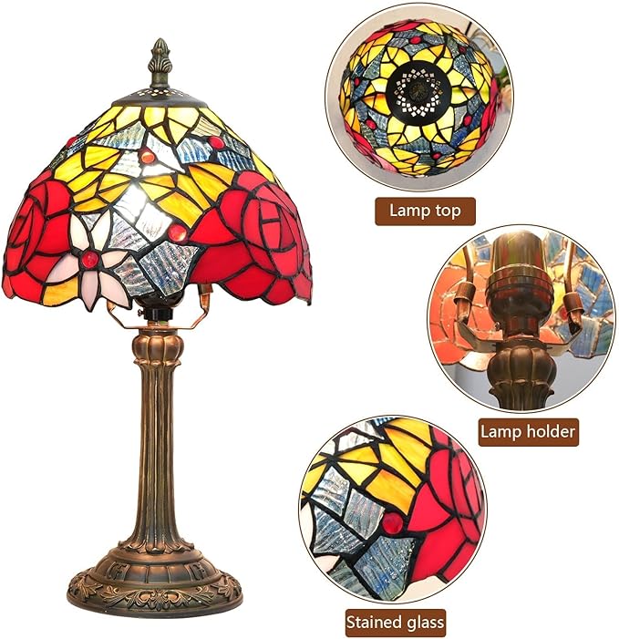 Tiffany Lamp Bedside Table Lamp-Nightstand,Stained Glass Lamp for Bedroom Dorm Living Kitchen, Aesthetic Cute Home Decor Gift (Rose)
