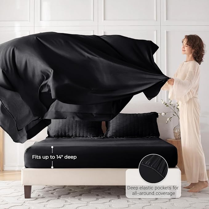 MUXHOMO 7 Pieces Full Comforter Set, Seersucker Bed in a Bag Full Size, All Season Luxury Bedding Set with Comforter, Flat Sheet, Fitted Sheet, Pillowcases & Shams, Black