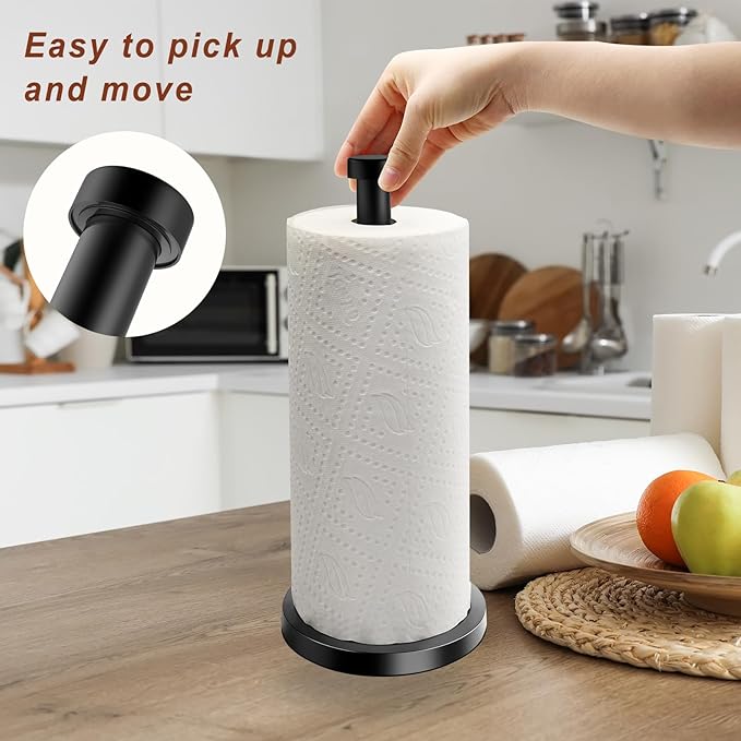 Paper Towel Holder Countertop, Kitchen Roll Holder, Stainless Steel Black Paper Towel Holders for Kitchen Organization, Paper Towel Dispenser Standing Weighted Base for One-Handed Operation
