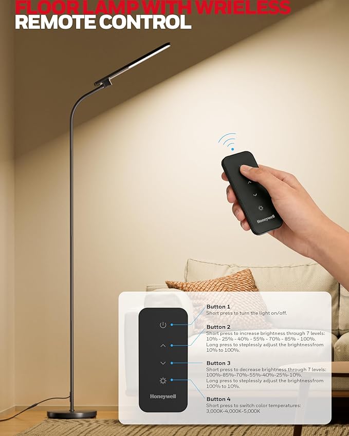 Honeywell LED Floor Lamp with Remote, CRI97 Full Spectrum Eye-Caring Reading Lamp, Stepless Dimmable 3000K-5000K Task Floor Lamp with Flexible Gooseneck for Living Room, Bedroom, Office