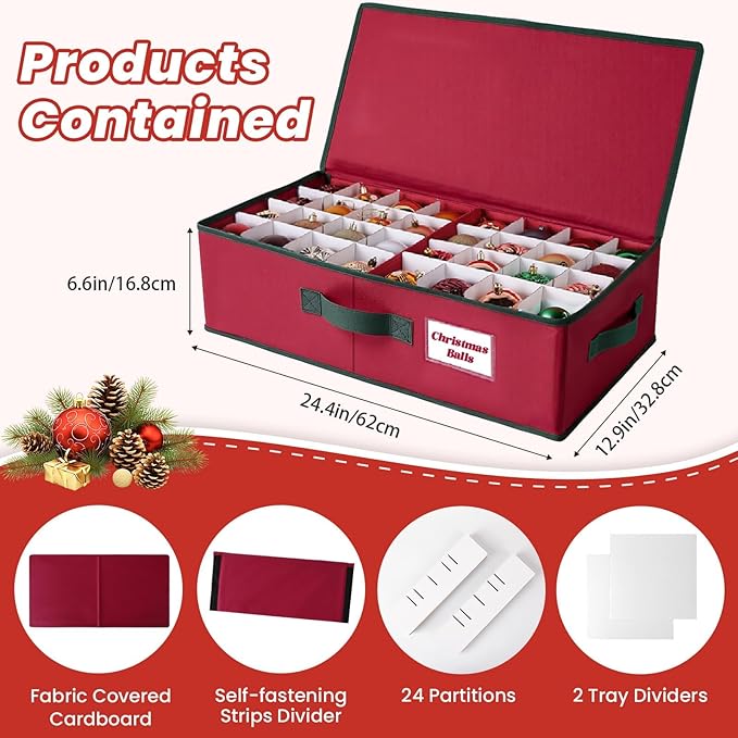 BlessedSeason Christmas Ornament Storage Box -Stores Up to 64 3” Balls, Holiday Ornaments Storage with Adjustable Dividers, Visual ID Window, Dual Zipper, Handles, Stackable, Foldable Fabric Organizer