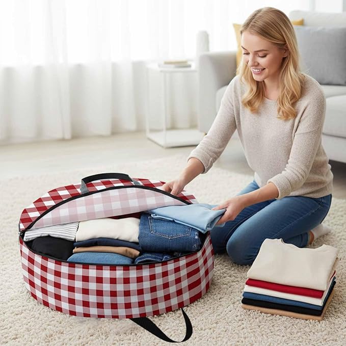 24 Inch Round Storage Bag 2 Pack,Farmhsoue Christmas Red White Buffalo Check Waterproof Wreath Storage Container with Handles&Zipper Rural Style Closet Organizer Bags Garland Box