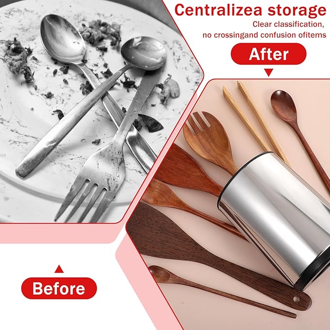 2 Pack 360° Rotating Stainless Steel Utensil Holder for Countertop, 4-Compartment Kitchen Organizer with Non-Slip Base, Large Capacity Spoon Fork Knife Crock for Cooking Tools Storage