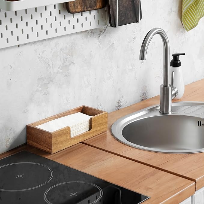 Paper Towel Dispenser Countertop, Acacia Wood Bathroom Paper Towel Holder, Black Napkin Holder for Kitchen, Countertop Multifold C-Fold, Z-Fold, Trifold Paper Hand Towel Dispenser for Toilet