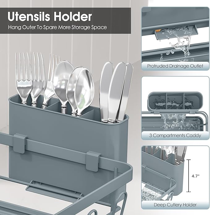 Urackify Dish Drying Rack for Kitchen Counter, Sink Dish Rack with Drainboard, Large Dish Drainer with Cups Holder, Home Countertop Plate Dryer Storage Rack with Cutlery Holder, Blue