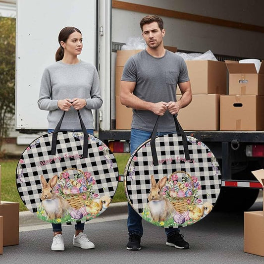 30 Inch Round Storage Bag 2 Pack,Spring Easter Bunny Eggs Flowers Waterproof Wreath Storage Container with Handles&Zipper Black and White Linen Lattice Closet Organizer Bags Garland Box