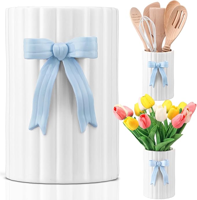 LemonRoad Blue Bow Ceramic Utensil Holder 3D Coquette Cooking Utensil Crock with Scalloped Mothers Day Kitchen Gifts Girly Aesthetic Storage Caddy Organizer Vase Decor for Kitchen Housewarming Gift