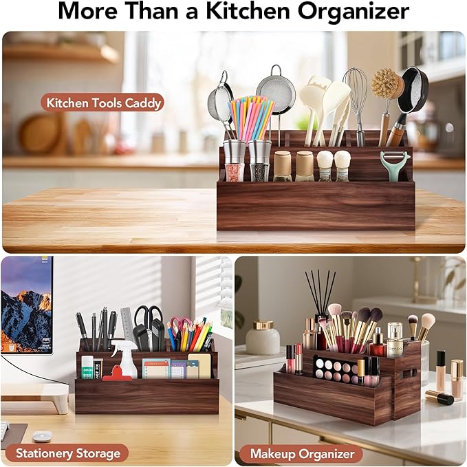Wooden Kitchen Utensil Holder for Countertop, Large Utensil Organizer with Removeable Dividers, Wall Mount Kitchen Organizer for Cooking Tools & Silverware, with Spoon Rest and Diatomite Base