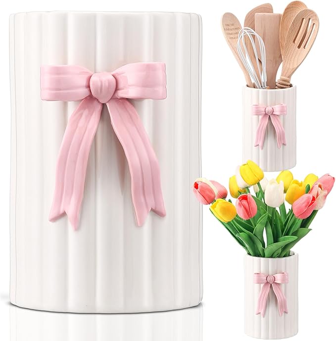LemonRoad Pink Bow Ceramic Utensil Holder 3D Coquette Handmade Pink Kitchen Decor Mothers Day Kitchen Gifts Cooking Utensil Crock with Scalloped Preppy Caddy Pen Holder Vase for Countertop Spoon