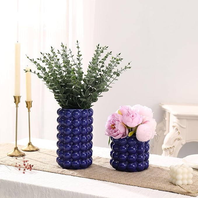 Bubble Vases, Set of 2 Blue Ceramic Vases for Flowers, Unique Short Vase for Tulips, Tall Bubble Vase for Coffe Table Decor, Decorative Vases for Living Room, Dining Table, Wedding