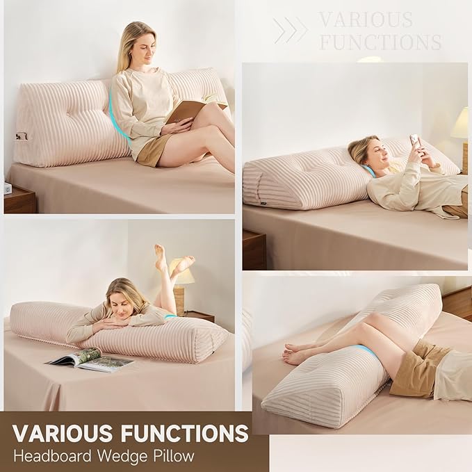 Z-hom Large Headboard Pillow Twin, NO ROLL Pillow, Wedge Pillow Headboard for Sitting Up in Bed, Backrest Support Triangular Cushion for Reading, Gap Pillow w/Removable Washable Cover,Cream