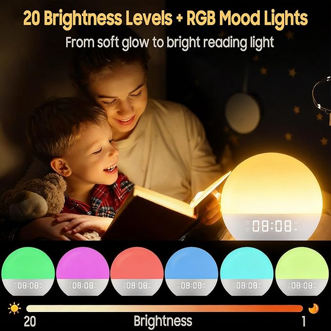 Sunrise Alarm Clock & White Noise Machine, Effective Alarm Clocks for Deep Sleepers, Bluetooth Speaker Wake Up Light, Sunset Simulation, 30 Soothing Sounds, FM Radio, USB Phone Charging Port
