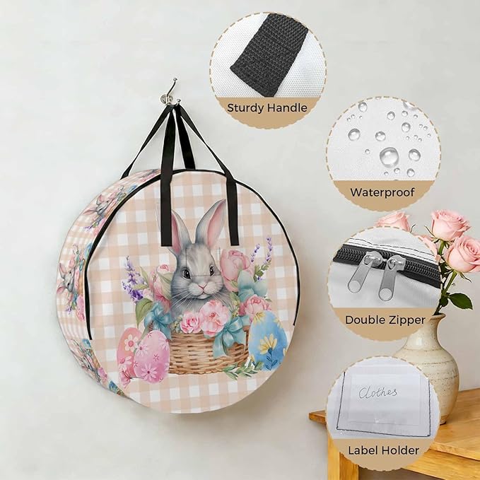 30 Inch Round Storage Bag 2 Pack,Easter Day Colorful Eggs Rabbit Flowers Waterproof Wreath Storage Container with Handles&Zipper Spring Plant Plaid Closet Organizer Bags Garland Box