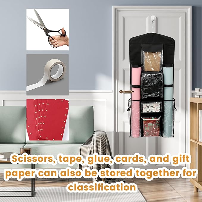 Wrapping Paper Storage - Double-Sided Hanging Wrap Organizer, Compartmental Wrap Organizer Holder, Wrapping Paper Storage Containers, Behind The Door Storage for Kitchen Bedroom Closet (Black)