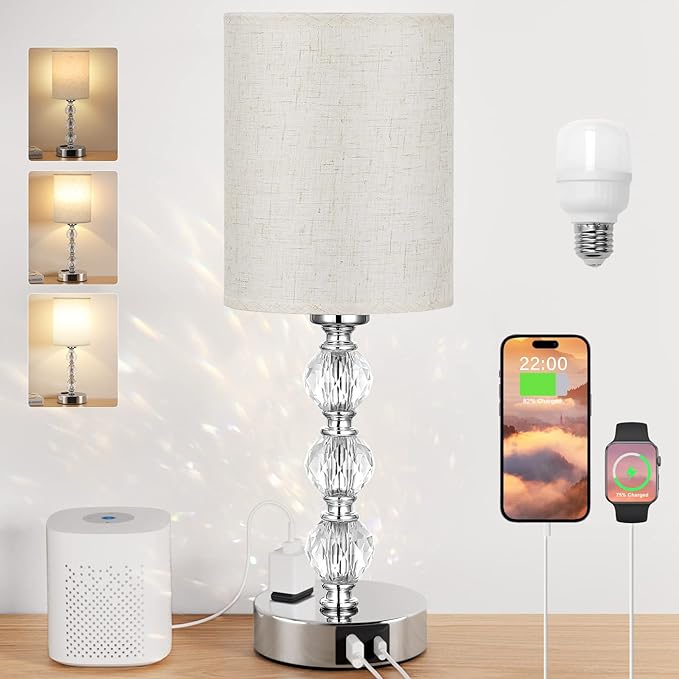 White Touch Bedside Lamps for Bedrooms - Crystal Table Lamp with USB C+A Charging Port and AC Outlet Nightstand, 3 Way Dimmable Silver Small End Side Table Lamp for Living/Guest/Dinning Room/Kitchen