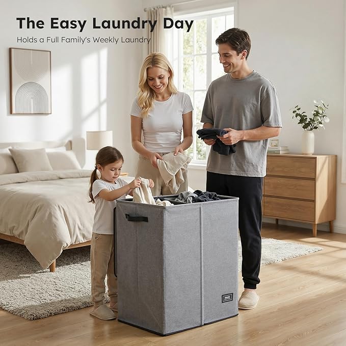 SOLEDI Double Laundry Hamper with Lid and Removable bag, Large Laundry Basket 2 Section with handles, Collapsible Dirty Clothes Hampers for Laundry, Bedroom, Dorm, College