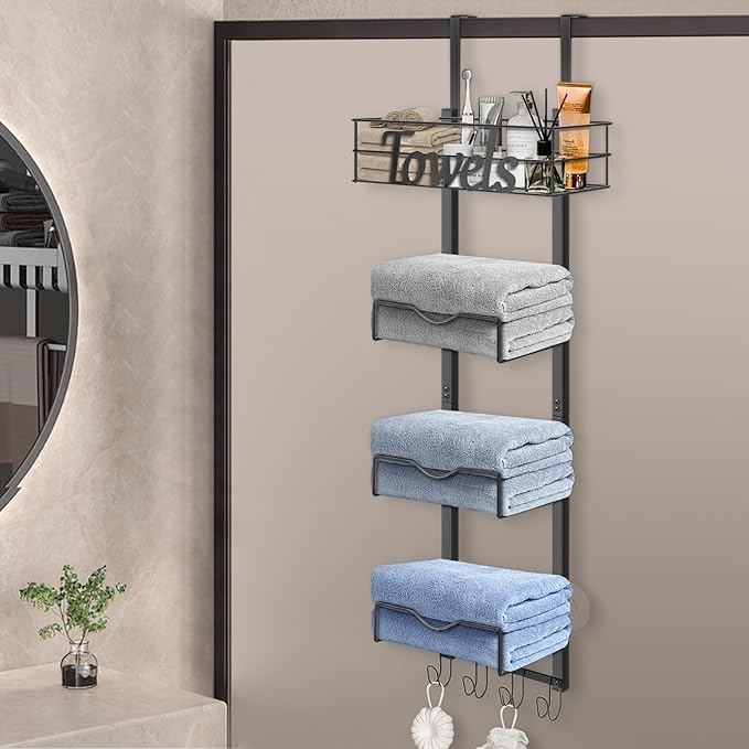 HarJue Over The Door Towel Racks, No Drill Towel Storage with Basket & Hooks, Space-Saving Multi-Functional Towel Holder for Bathrooms, bedrooms, Apartments, RVs (Matte Black, 5 Tier)