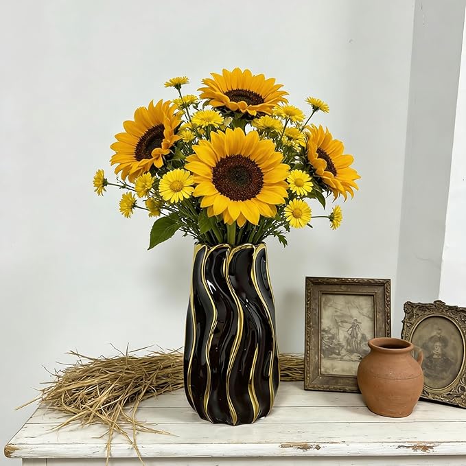 Black Ceramic Vase for Home Decor, Vertical Stripe Decorative Flower Vase for Bedroom, Office, Living Room, Bathroom, Tabletop Decor
