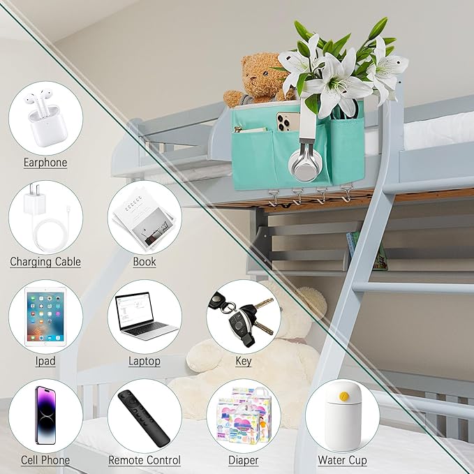 Bedside Storage Organizer 5 Pockets with 4 Hooks Hanging Storage Bag for Headboards/Bunk Bed (Light Green)