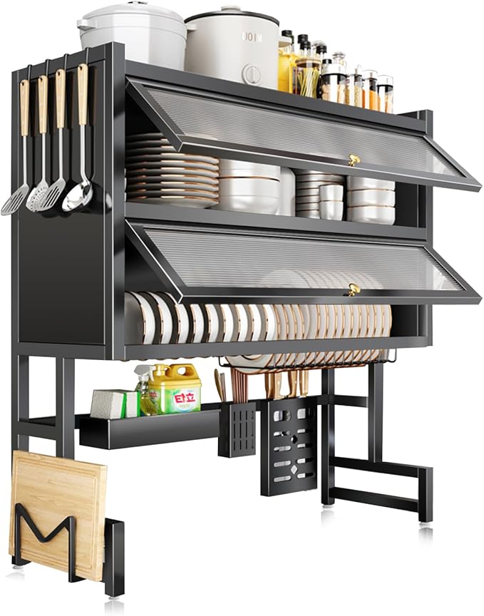 Dish Drying Rack 4 Tiers with Cover, Keep Kitchen Sink Shlef Organized Space-Saving, Large Drying Rack for Dishes, Glasses, Bowls, Cutlery Black (33.5‘’Double)